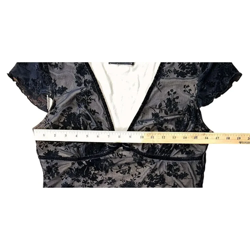 Cider Mesh V-Neck Floral Bow Nude Lined Black Mini Dress 8 - Picture 4 of 8